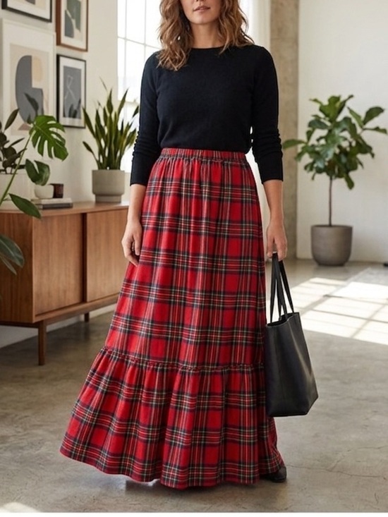 Cupshe Dresses & Skirts - Cupshe Red Plaid Tiered Maxi Skirt | Elastic Waist | Size Small